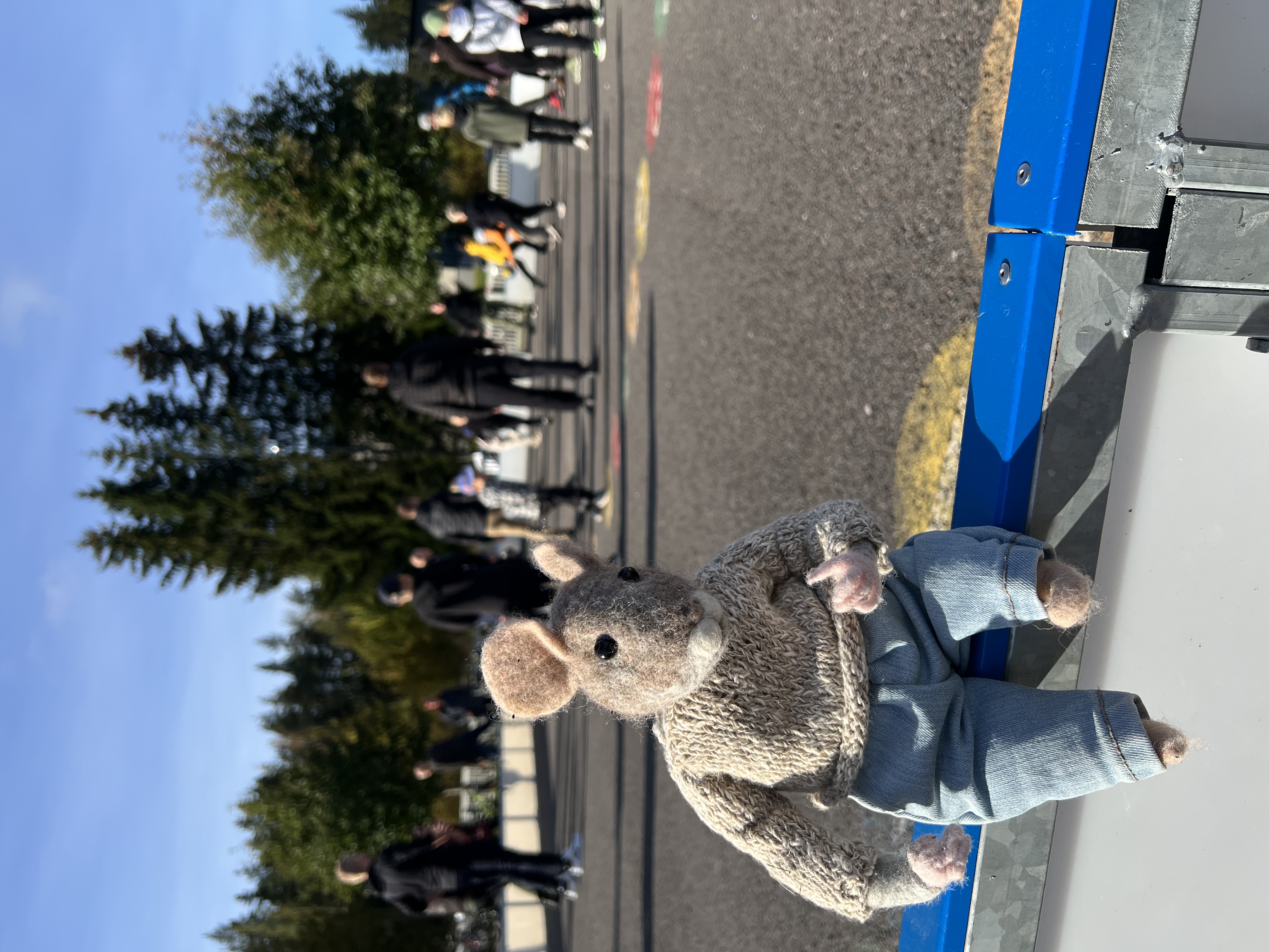 Koulun maskotti Hipsu-hiiri istuu kentän laidalla. Taustalla oppilaita ja huoltajia pelaamassa.