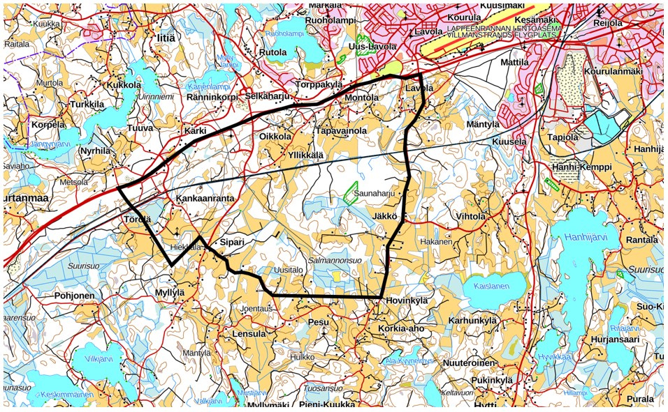 Suunnittelualueen alustava aluerajaus.