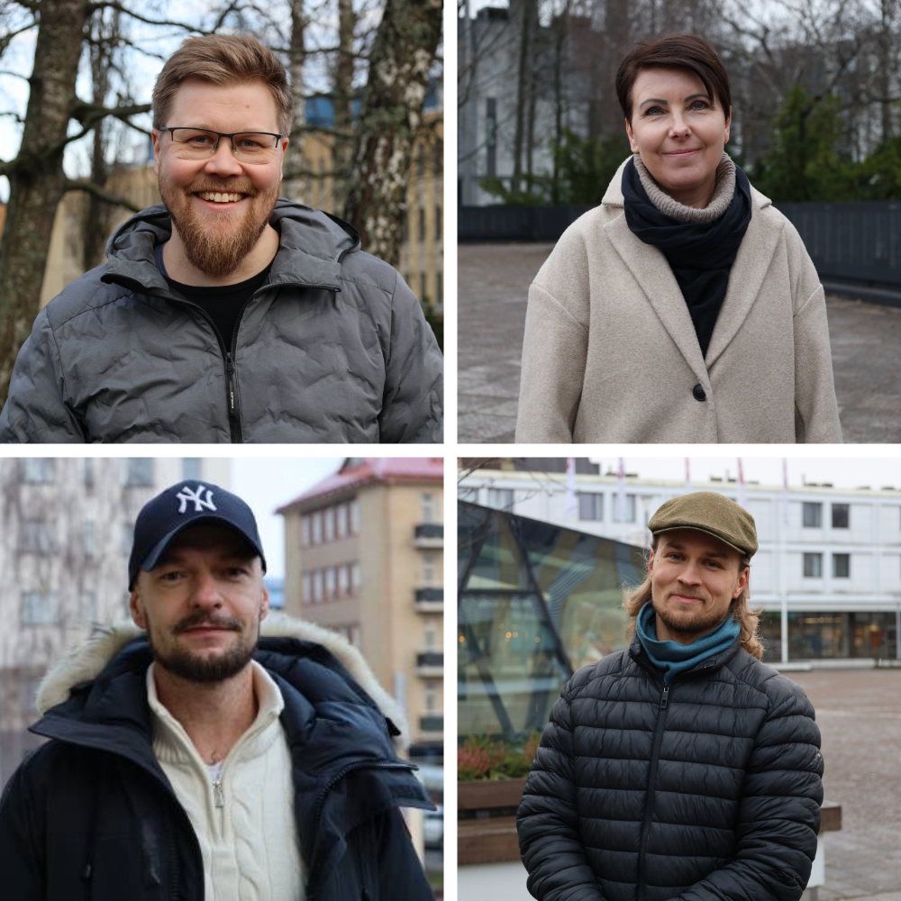 Neljä ihmistä kasvot kameraan päin.