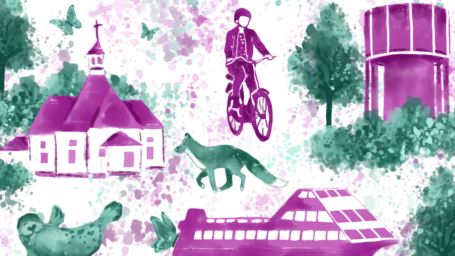 Vesivärein maalattu kuva violetti-vihreästä Lappeenrannasta.