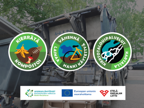Kuva, jossa lukee: kierrätä, kompostoi, vähennä, lainaa, hanki käytettyä, kiertotalouspalvelut kartalla.