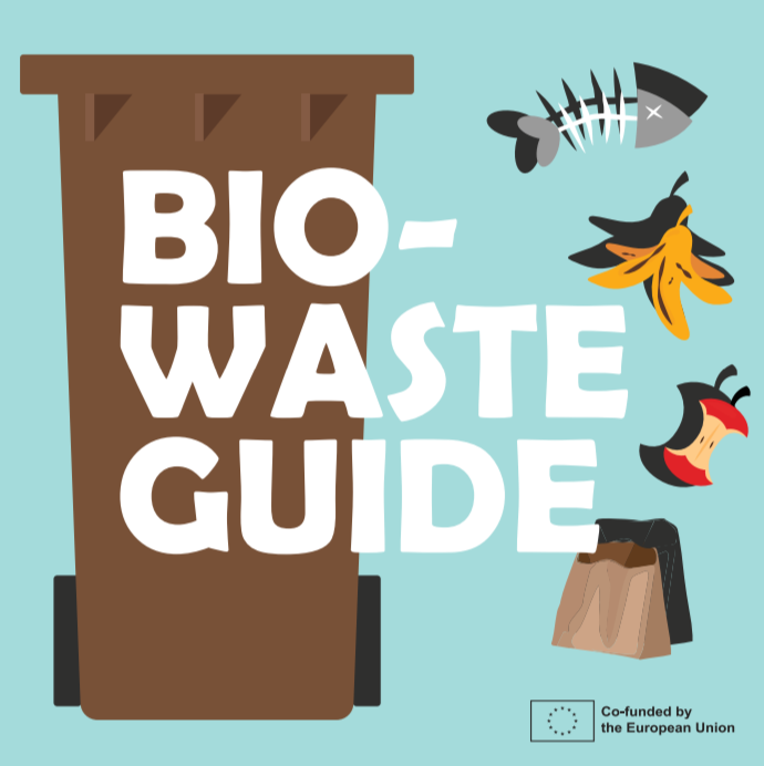 A picture with the text Biowaste guide. There are also biowaste foods, such as fish, banana and apple in the picture.