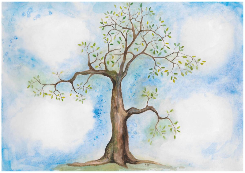 Piirros puusta, jonka oksissa kasvaa vihreitä lehtiä. Taustalla sinistä taivasta.