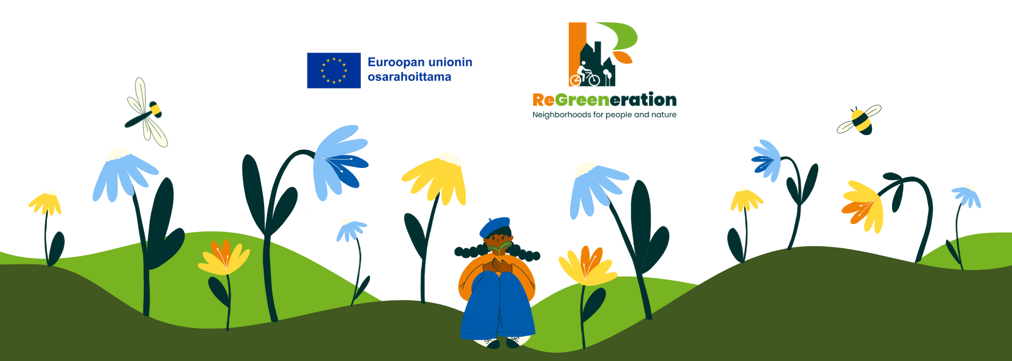 A drawing of plants and people.