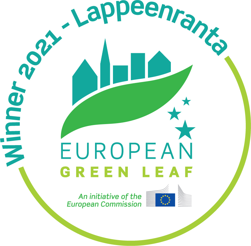 Logo with a graphic of buildings and the text: "Winner 2021 Lappeenranta, European Green Leaf, An Initiative of the European Commission".