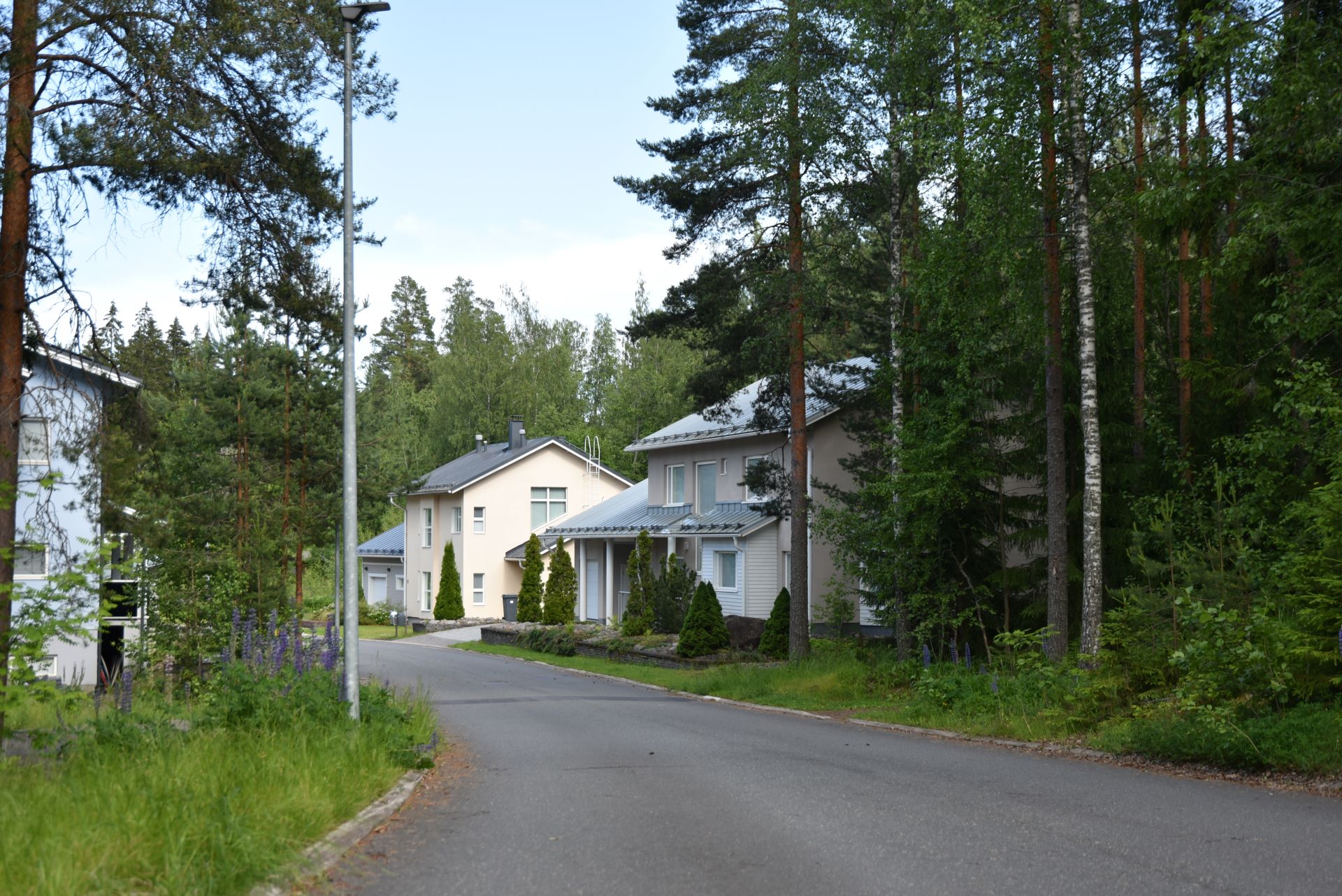 Vaaleita omakotitaloja asuinalueella Skinnarilassa.