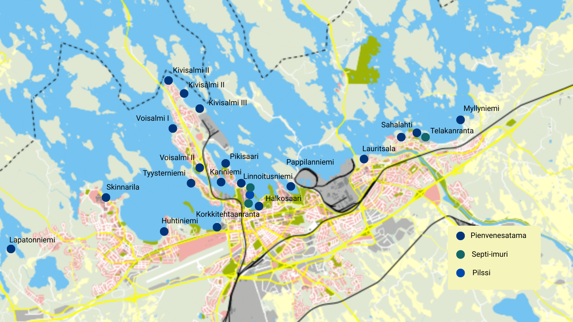 Venesatamat merkittynä kartalle.
