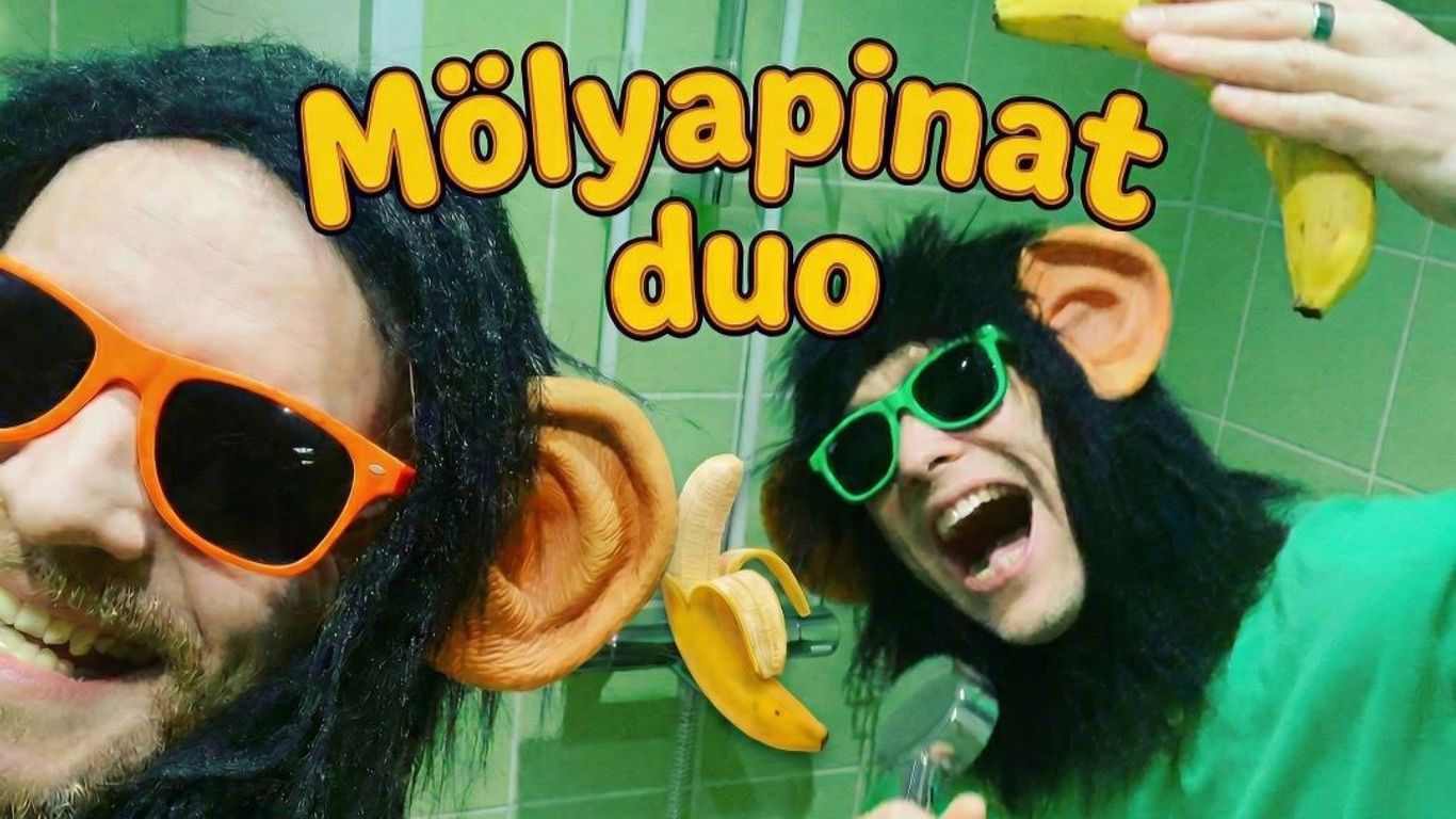 Kaksi henkilöä sonnustautuneena apinoiksi aurinkolasit päässään suihkutilassa, kuva banaanista, teksti Mölyapinat duo.