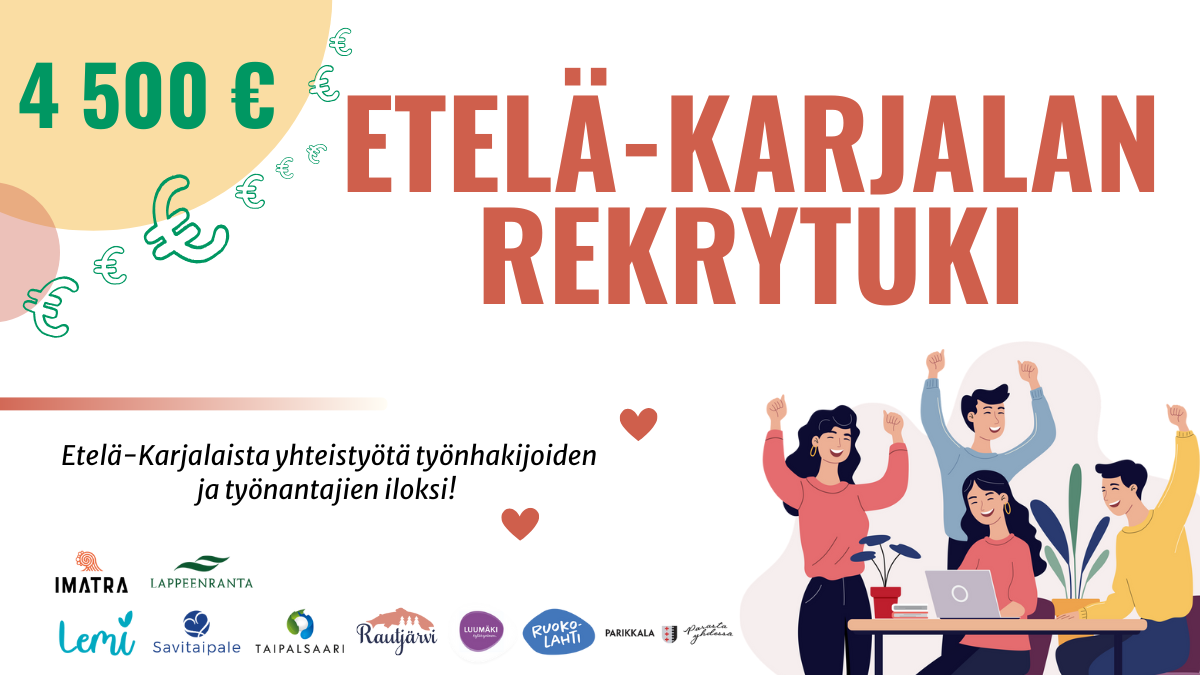 Kuvituskuvassa iloisia henkilöhahmoja. Kuvan päällä lukee Etelä-Karjalan rekrytuki, Etelä-Karjalaista yhteistyötä työnhakijoiden ja työnantajien iloksi.