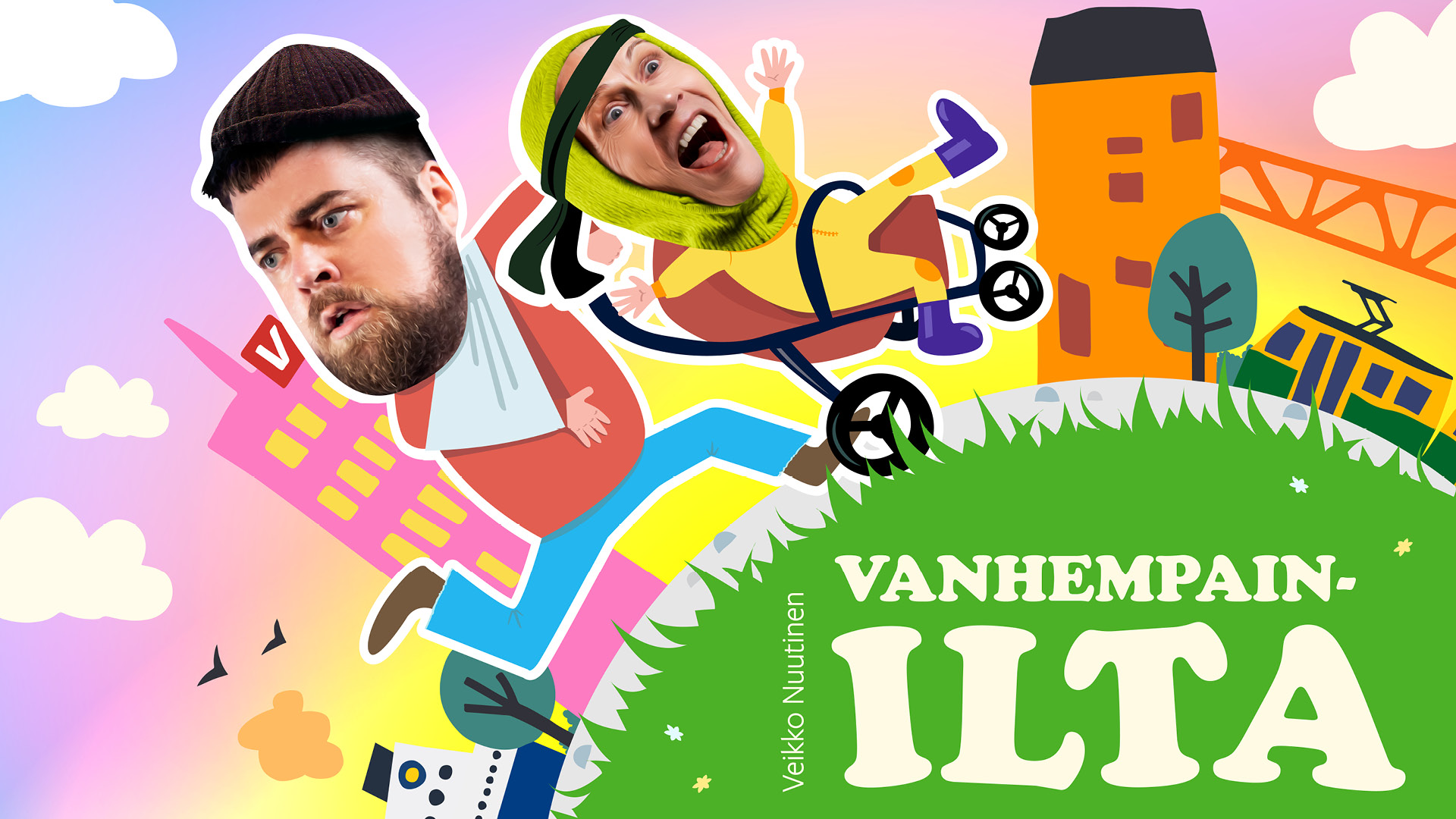 Stressaantunut mies juoksee ja työntää lastenrattaita, joiden kyydissä on naurava lapsi. Taustalla näkyy kaupunkimaisemaa ja auringonlasku. Alareunassa teksti: "Veikko Nuutinen. Vanhempainilta." Piirroskuva.