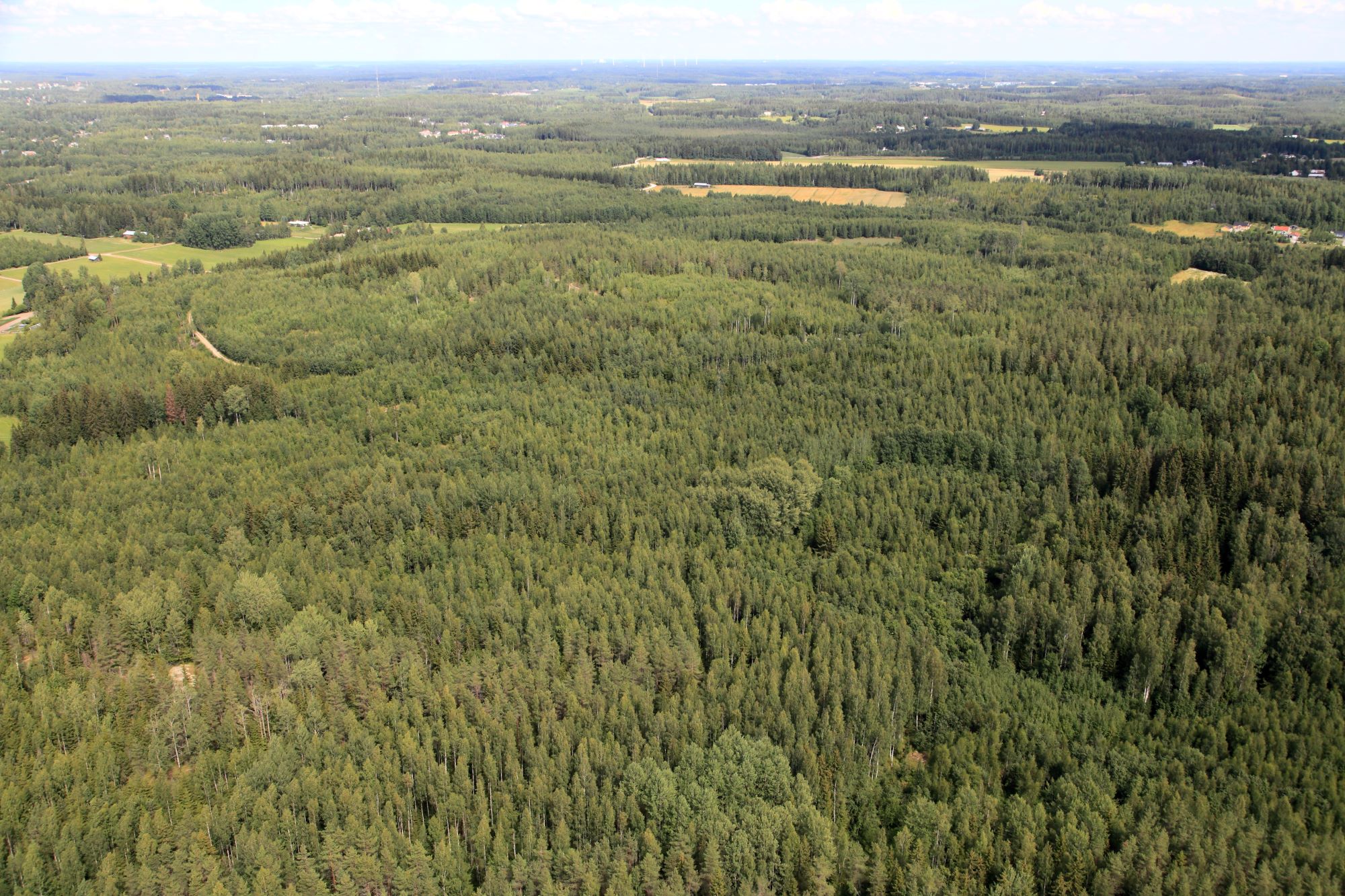  Ilmakuvaa Hyväristömäen alueesta, metsää, peltoja.