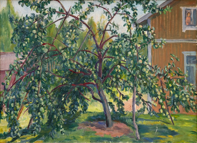 Maalaus omenapuusta, jonka taustalla keltainen talo.