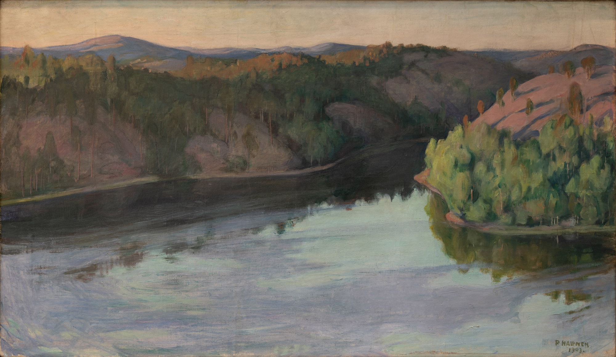 Mäeltä kuvattu järvimaisemamaalaus.