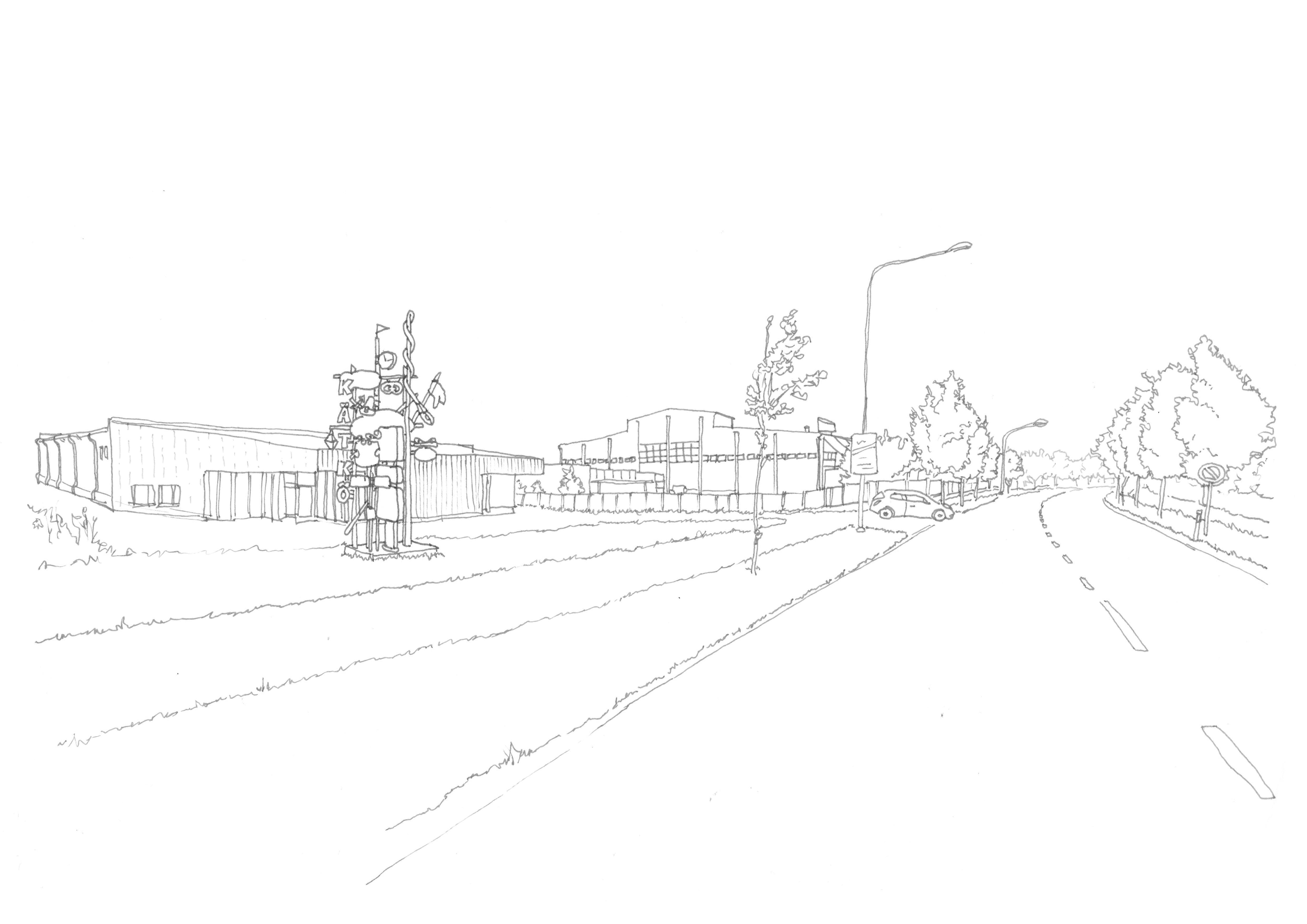 Mustavalkoinen maisemaviivapiirros.