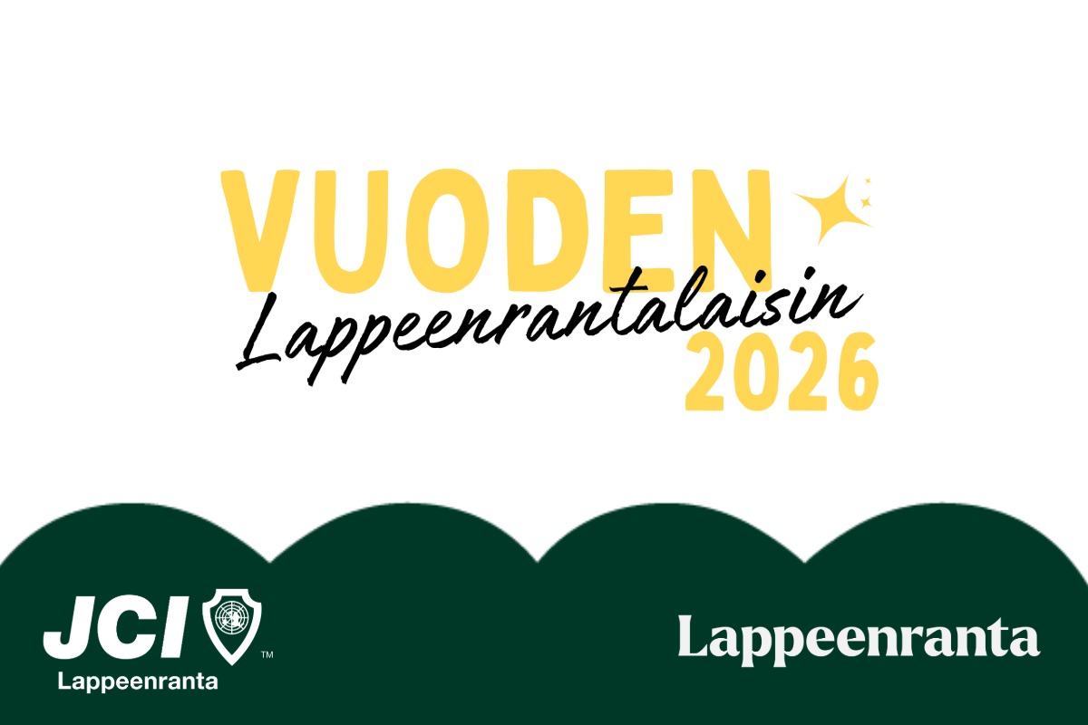 Kuvassa teksti: Vuoden lappeenrantalaisin 2026 sekä JCI Lappeenranta ja Lappeenrannan kaupungin 